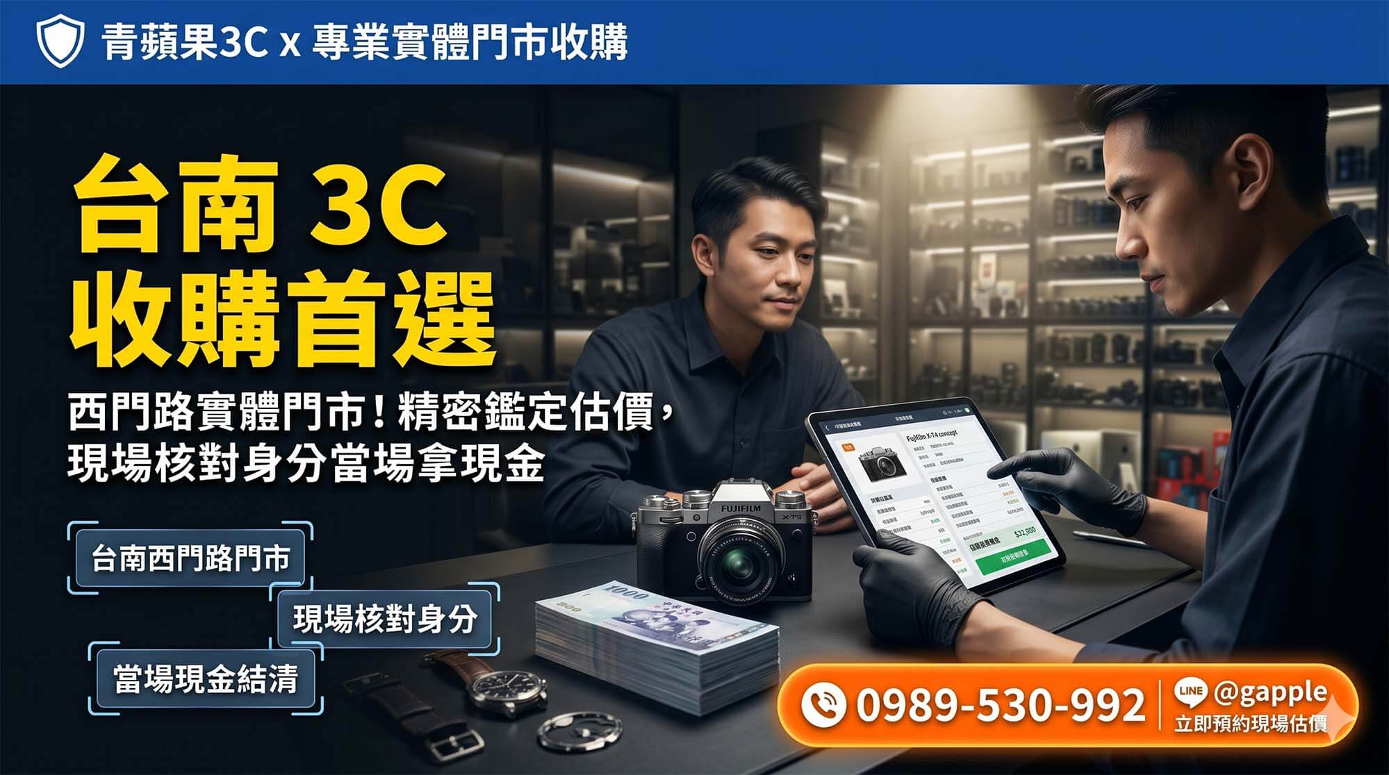 青蘋果3C 台南西門店專業職人於實體門市為在地鄉親進行二手手機與相機的現場鑑定